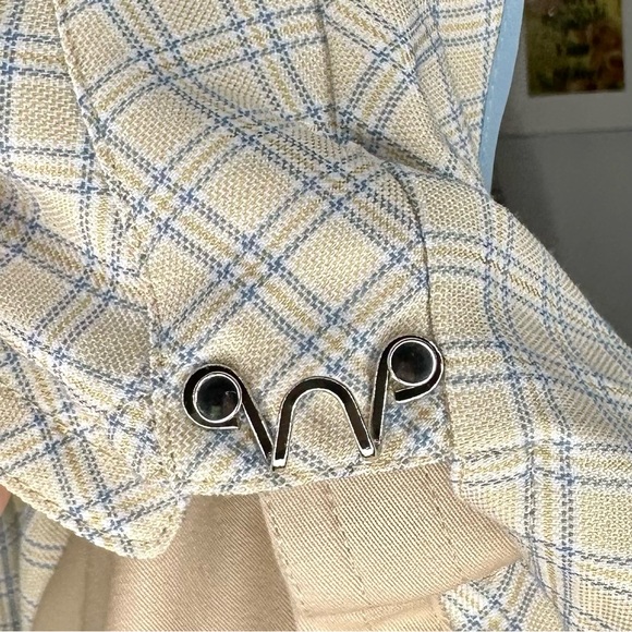 NWT Avec Les Filles Tan and Blue Plaid patchwork Trenchcoat Medium - Picture 16 of 16
